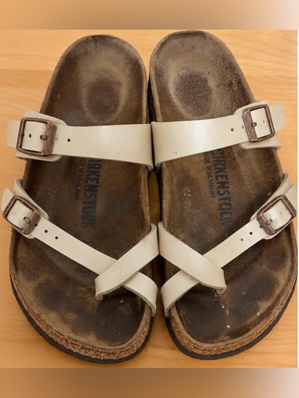 Birkenstock Cream Leather Cross-Strap Sandals with Buckles